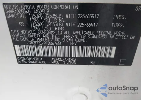2015 Toyota Rav4 Le z USA, uszkodzony, nr VIN JTMZFREV9FD067650